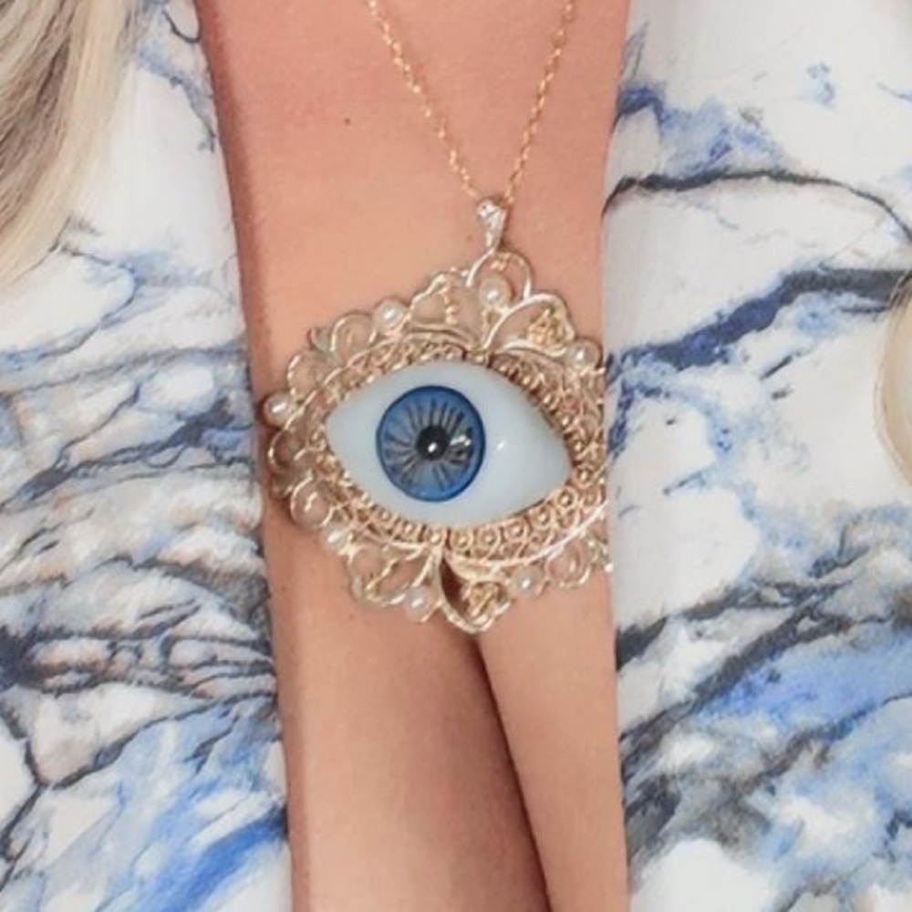 Elegant Crystal Glass Gold Evil Eye Pendant Necklace / ojo de cristal jumbo